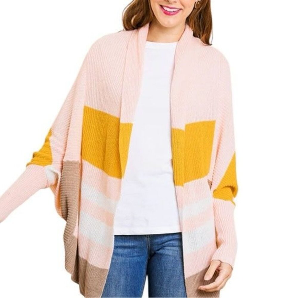 Umgee Block Sweater Cardigan Light Weight Drop Shoulder Pink Tan Mustard NWT